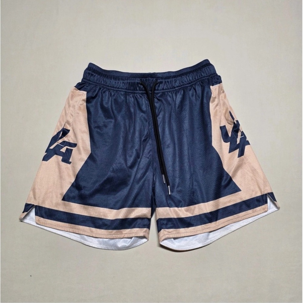 YoungLA Men Medium Navy Blue Tan Mesh Athletic Gym Shorts YLA Logo Above Knee